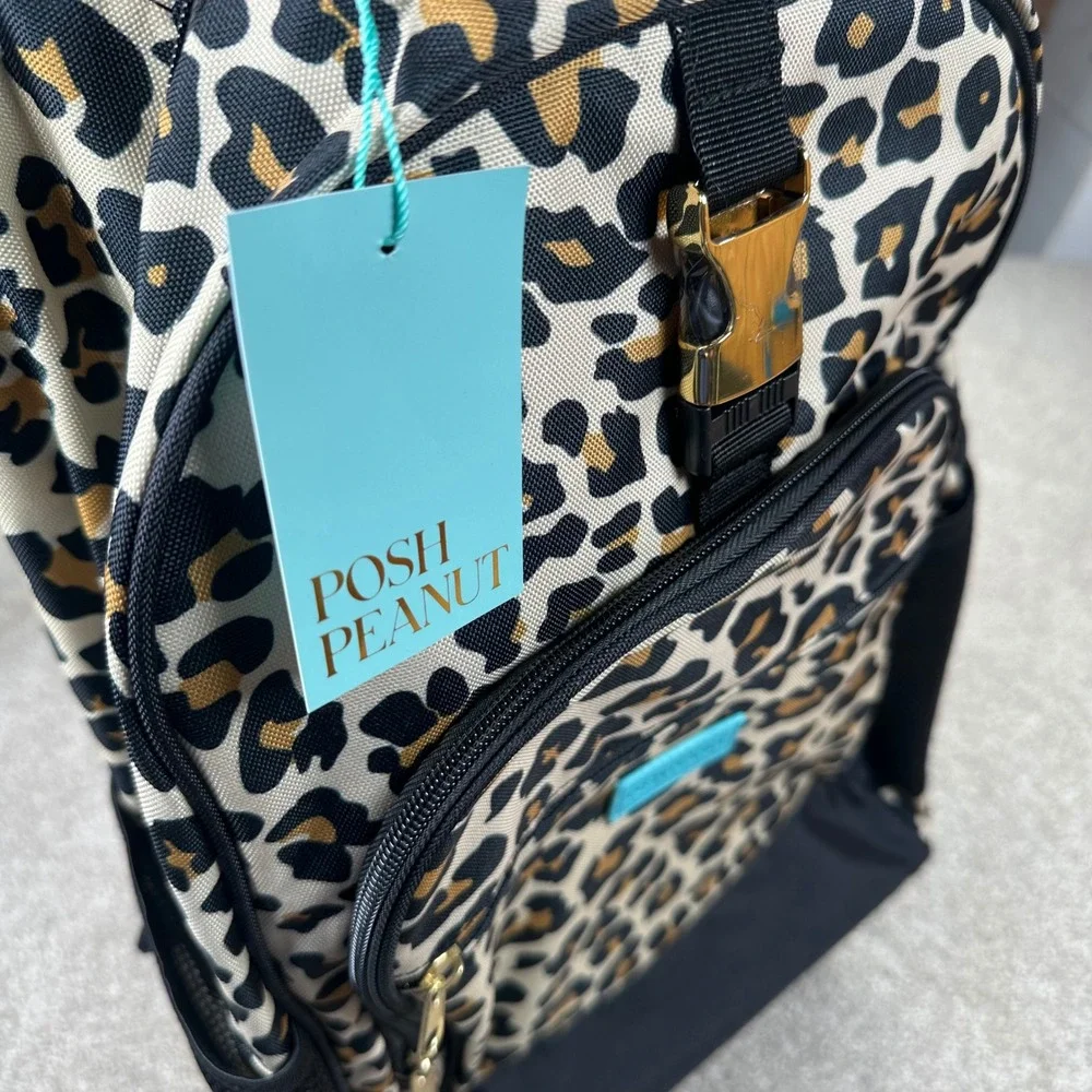 Posh Peanut Kids OS Rolling Backpack Leopard Print Tan Black Gold Safari Travel